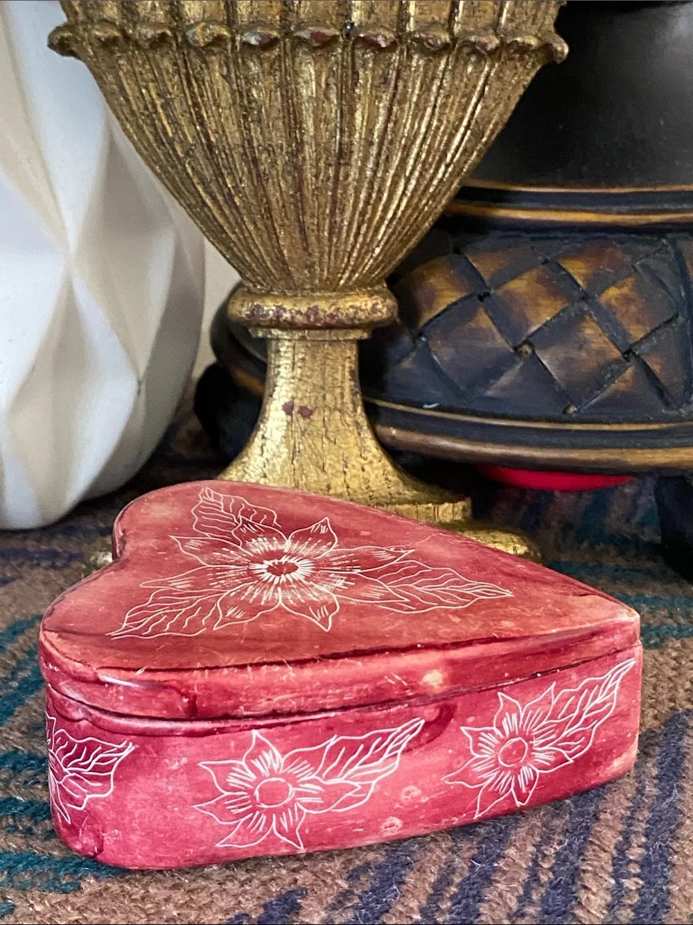 Vintage Hand-Painted/Etched Red Lidded  Soapstone Trinket Box